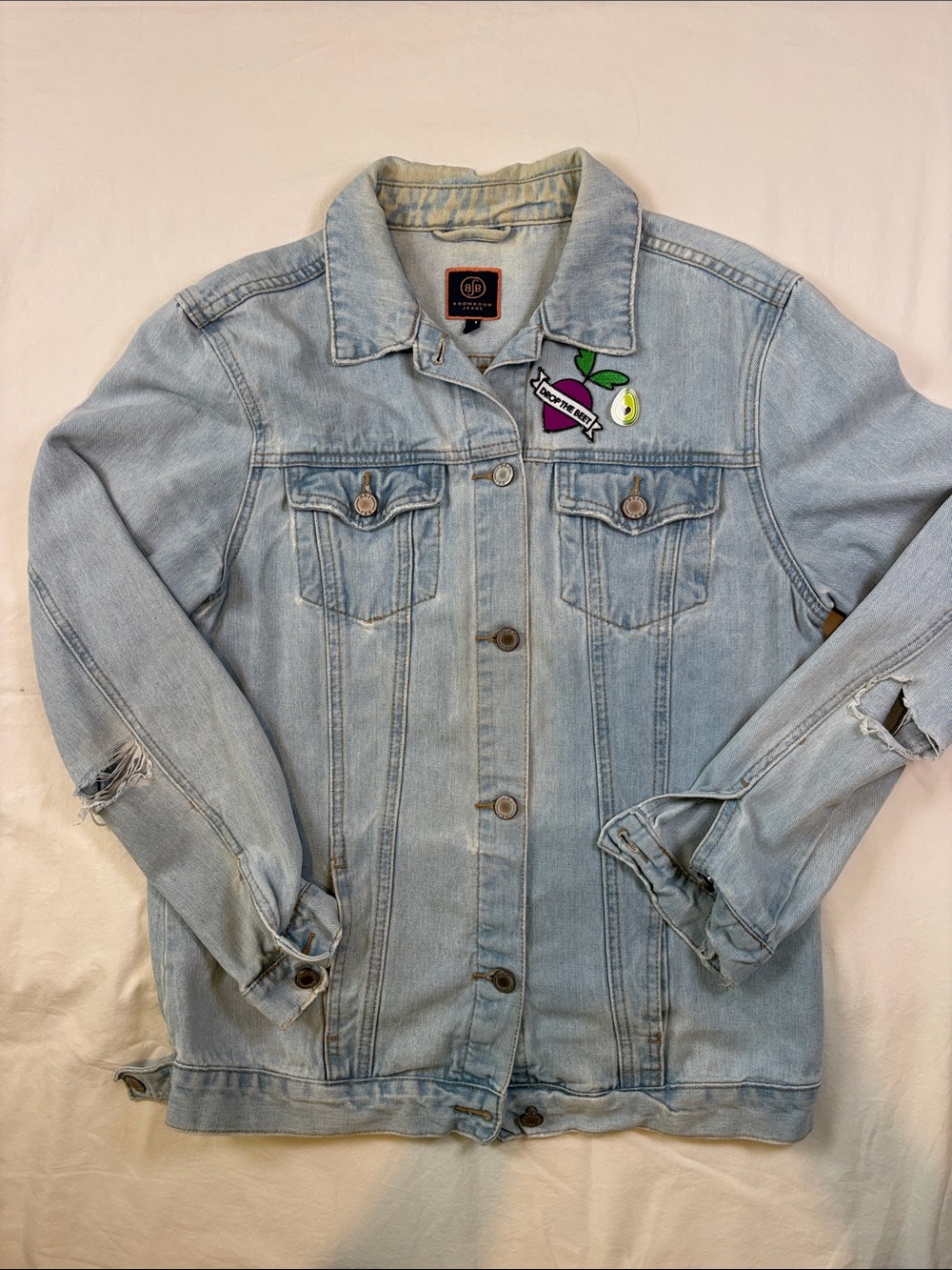 Vintage Boom Boom Jeans Light Blue Denim Jacket with Embroidered Fruit Patch